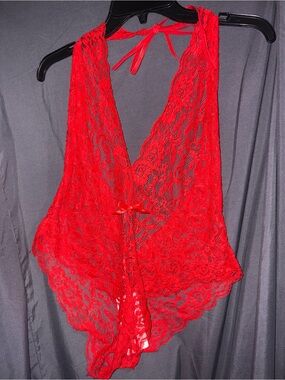 Sheer Red Lace Halter Teddy with Bow Detail